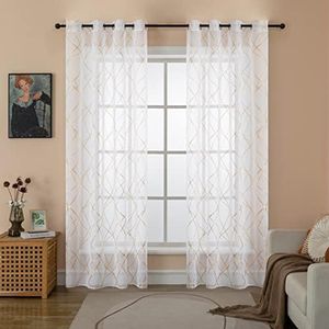 GIRASOLE HOME® Coppia Tende Voile Filtranti Fantasia Geometrica Dorata Tenda Bianca per Interni con Occhielli 2 Pannelli (Geometria Oro, 140x290cm)