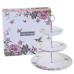 London Boutique Cake Stand Afternoon Tea Stands 3 Tier Cake Stand Vintage Flora Rose New Bone China Serving Plate for Tea Party High tea Gift for Her (Beige)