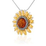 AMBEDORA Women's Necklace, Round Cognac Baltic Amber, Sunflower Pendant on Chain, Set for a Gift, Gold Plated Silver, Oxidised Silver, Amber