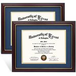 GraduationMall 8.5x11 Diploma Frame with Navy over Gold Mat or Display 11x14 Certificate without Mat,Solid Wood & UV Protection Acrylic,Cherry Finish with Gold Trim,2 Pack