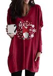 OMZIN Women Happy Christmas Sweatshirt Ugly Xmas Tree Graphic Funny Holiday Pullover Top with Pockets Dark Red L