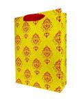 Flora Paperbags Gift Bags Diwali Paper Bags Glossy Laminated Ethnic Printed Paper Satin Ribbon Pack Of 10 Carry Bags, Medium Size 23 (L) X30 (H) X9(B) Cm - Wed-Ylw-10,Multicolor