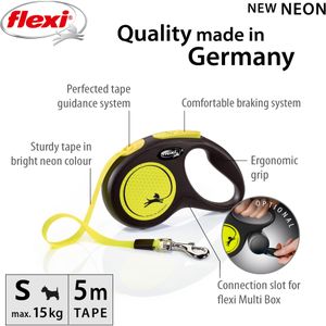 Flexi New Neon S Retractable Dog Lead, 5m Tape – Small