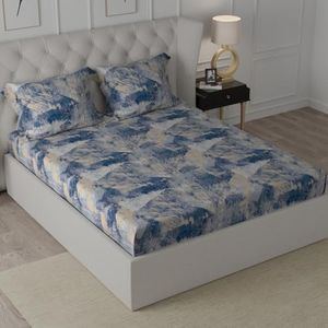Cloth Fusion Elastic Fitted Bedsheet for Double Bed King Size with 2 Pillow Covers, Soft Wrinkle Free Elastic Bedsheets for King Size Bed (78X72X8 inches, Blue Abstract)