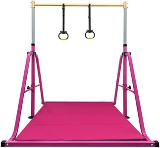 Peakpath Foldable Gymnastics Kip Bar with Mat and Ring Set,3' to 5' Height Adjustable,Kids Gymnastic Equipment for Ages 3-15,Indoor and Home Training- Max Load 260LBS