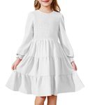 Arshiner Girl Long Sleeve Dress Kid Fall Boho Elastic Pleated Smocked Dress Semi Formal Party Trendy Swing Dresses with Pockets White 7-8 Years