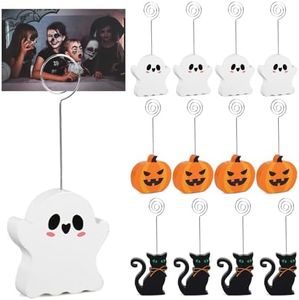 Whaline 12 Pcs Halloween Wooden Place Card Holders Ghost Pumpkin Black Cat Table Number Holder Display Stand for Party Home Office Table Setting Supplies