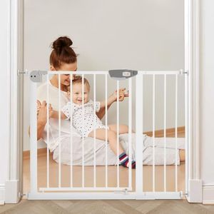 Playpals Baby Gate for Babies, Elders and Pets, 95-104 CM Auto Close Baby Safety Gate for Doorways Stairs, Pressure Mounted Walk Through Safety Stair Gate, No Drill, 76 CM Tall, White