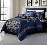 Chezmoi Collection 7-Piece Jacquard Floral Comforter Set (Queen, Navy/Gold)