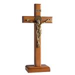 KUXBET Crucifix Cross Catholic Wooden Jesus Christ Wall Cross Stand, Hanging or Tabletop with Stand for Home Decor , 10.7 Inch