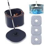 Flat Floor Mop and Bucket System Set with Wringer, Spin Mop and Bucket Separate Clean and Dirty Water with Self Separation for Hardwood, Laminate, Tile, Floor Cleaning, Wet and Dry Use, Navy Blue