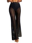 SOLY HUX Women's High Waist Sheer Mesh Swimsuit Cover up Pants See Through Wide Leg Bikini Beach Pants Swimwear, Plain Black Glitter, Large