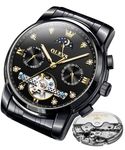 OLEVS Mens Automatic Watches Skeleton Tourbillon Self Winding Diamond Luxury Dress Wrist Watch Stainless Steel Waterproof Luminous Moon Phase Day Date, 6678:Black band & Black dial, Classic