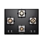 BLOWHOT Pluton 4 Burner Battery Operated Built - In Gas Hob Heavy Brass Burners With Brass Base 70cm Toughened Glass Top, One 100mm Triple Ring, Two 90mm Double Ring, One 70mm Brass Burner - Black