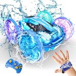 Tecnock Amphibious Remote Control Car Boat for Kids, 4WD RC Stunt Car with Waterproof Remote Control, 2.4GHz Gesture RC Cars with LED Lights, Water Pool Toys Gifts for Boys, Girls(Blue)