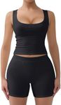 SHAPERX Women's 2 Piece Ribbed Knit Workout Outfits Set Scoop Neck Tank Top and Soft Boxer Lounge Activewear Sets, SZ5237-Black-S