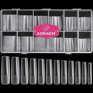 AORAEM XXL Square Clear Fake Nails, 240PCS 4.5cm Long Straight Tapered Nails Half Matte Design Extra Long Acrylic Nail Tips with Case for Home DIY Nail Salons
