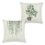 KAKABUQU Green Plants Throw Pillow Cover 18x18 Set of 2 Linen Green Leaf Decorative Pillowcase Square Farmhouse Country Pillow Case Cushion Covers for Home Bedroom Office Sofa Car Couch Chair Decor