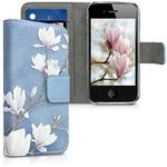 kwmobile Wallet Case Compatible with Apple iPhone 4 / 4S Case for Phone - Magnolias Taupe/White/Blue Grey