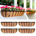 LaLaGreen Fence Planters for Outdoor Plants (4 Pack, 24 Inch) Black Metal Window Boxes Planter To Attach To House, Wall Mounted Flower Coco Baskets Outside Deck Railing Balcony Garden Porch Patio Rail