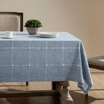 ZeeMart Grid Embroidered Hemmed Tablecloths, Blue 60x104 Inch, Farmhouse Style Heavy Weight Cotton Linen Dusty Blue Tablecloths, Boho Plaid Water Resistant Rectangle Table Cloth