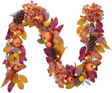 DecorbyHannah Fall Leaves Garland with Lights, 6 ft Artificial Autumn Harvest Garland for Mantle, Fall Thanksgiving Decor with Pomegranate Pinecone Fruits for Front Door Table Wall Indoor Outdoor Use