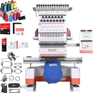 Poolin EOM 15-Needle Embroidery Machine | Starter Bundle – Includes 3D Puffy Foam,15 Threads,144pcs Pre-Wound Bobbins, 12x25'' Cut Away Stabilizer