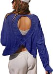 LASLULU Open Back Tops for Women Loose Cropped Workout Athletic T-Shirt Going Out Tops Fall Outifits 2024 Long Sleeve Crop Tops(Royal Blue X-Large)