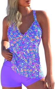 ROSEWE Women's Tankini Bathing Suits Smocked Solid Swimsuits with Shorts