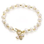 Emibele Cultured Pearl Bracelet, 14K Gold Plated Bee Charm Bracelet, Baroque Pearl Link Bracelet Fashion Vintage Jewelry Gift for Mom Women, White & Gold