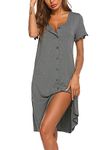 Ekouaer Women's Nightdress Short Sleeve Nightshirt Button Down Nightgown Sleepwear Summer Sleepshirts, Grey Large