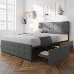 SunnyFurn Queen Bed Frame with 4 Storage Drawers, Beds with Adjustable Headboard and No Box Spring Needed