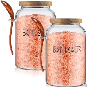 SiliFine 2 Pcs 94 oz Bath Salts Glass Jar with Wooden Lid, Bath Salt Container with Scoop, Glass Containers for Bathroom Bath Decor Airtight Storage Bathtub Accessories for Women