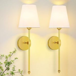 CANMEIJIA Wall Light Sconces Set of 2, Gold Wall Light Fixture for Bedroom, Modern Wall Sconce, Wall Lamps with Premium Linen Fabric Lampshade for Living Room Hallway, E26 Socket, Bulbs Not Included