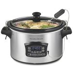 Hamilton Beach Set & Forget Defrost Slow Cooker, 6 Quart (5.7 L), Silver, Temperature Probe, Lid Lock for Travel, Dishwasher Safe Crock & Lid, Model 33869