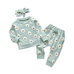 Awxoder Newborn Infant Baby Girl Clothes with Print Flower Long Sleeve Tops + Pants + Headband 3Pcs Outfits set, Green, 0-3 Months