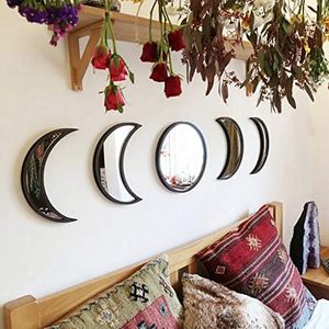 Keweis 5 Pieces Scandinavian Natural Decor Acrylic Wall Decorative Interior Design Wooden Moon Phase Mirror Bohemian Wall Decoration for Home Living Room Bedroom - Not Real Mirror(Black)