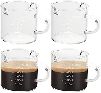 4Pcs Double Spouts Glass Measuring Cups, FHDUSRYO 2.5Oz/75ml Espresso Shot Glass with Handle and Dual Scale, Mini Milk Cup Clear Glass Triple Pitcher, Espresso Accessories for Coffee, Wine, Party