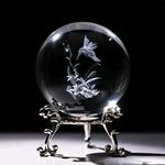 HDCRYSTALGIFTS 3D Hummingbird Crystal Ball Paperweight 60mm(2.3Inch) Laser Engraved Glass Sphere Display Globe Meditation Ball Home Decor with Metal Stand