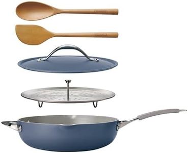 TRAMONTINA All-in-One Plus Pan 30cm/4.7L Blue | Non-Toxic Ceramic Coated Non-Stick Interior | 2 Beechwood Utensils | Steam | Saute | Fry | Simmer | Dishwasher Safe | Induction Ready
