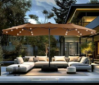 PHI VILLA 15ft Large Patio Umbrella with Solar Lights, Double-Sided Outdoor Market Rectangle Umbrellas with 36 LED Lights, Umbrella Base (Stand) Included, Maillard Brown