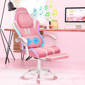 HOFFREE LED Gaming Chair Pink with Bluetooth Speakers Massage for Girls Game Chairs Big and Tall with Footrest Gamer Chair for 400lbs Computer Desk Chair for Adults Pink and White