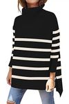 OU MgCE FAST FASHION Long Sleeve Sweaters for Women, Juniors Fall Turtleneck Oversized Sweater Casual Asymmetric Split Hem Pullover Tunic Knit White Striped Tops Black S