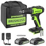Greenworks 24V Brushless Cordless Drill Kit, 310 in./lbs, 18+1 Position Clutch, 1/2 '' Keyless Chuck, Variable Speed, (2)2Ah Batteries with 2A Fast Charger, LED Light with Tool Bag