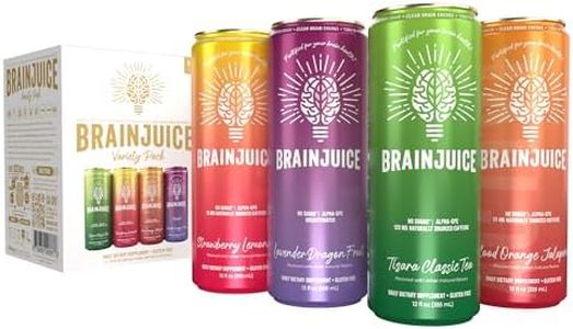 BrainJuice Variety Pack, Daily Brain Supplement Drink with Vitamins, Amino Acids & Natural Green Tea | Sugar-Free, Vegan, Gluten-Free, Non-GMO, 12 fl oz (4-Pack)