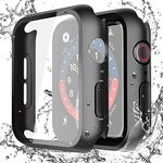 Piuellia 2 Pack Black Waterproof Case with Tempered Glass Screen Protector for Apple Watch Series 6 SE2 SE Series 5 Series 4 40mm, Overall Ultra-Thin Shockproof Hard Protective Cover for iWatch