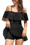 SHEKINI Women's One Piece Swimdress Off-Shoulder Ruffled Flounce Swim Skirt Ruched Swimsuit Black