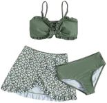 SHENHE Girl's 3 Piece Cute High Waisted Ruffle Trim Swimsuit Bikini Sets with Beach Skirt Floral Green 12 Years