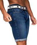 Crosshatch Mens Stretch Denim Shorts Belted Knee Length Roll Up Faded Casual New, Mid Wash, 34W