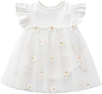 Vivobiniya Toddler Girl Ruffle Daisy Tulle Bodysuit Dress Baby Girl Romper Long Short Sleeve Clothes (90(18-24m), White(Short Sleeves))